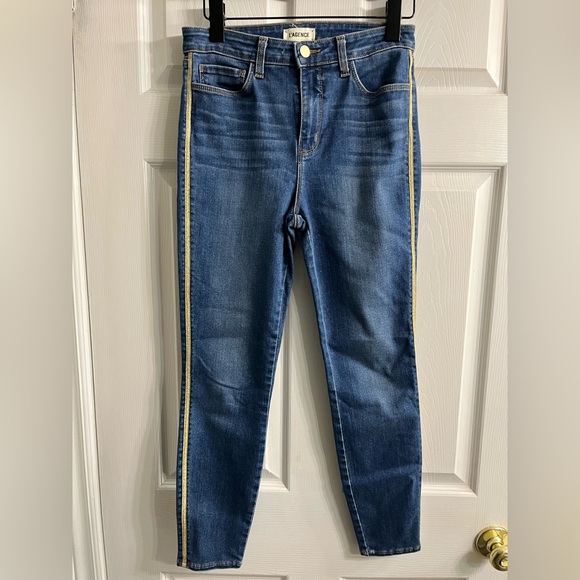 L'AGENCE Denim - L'AGENCE 'Margot' High Rise Skinny gold Tuxedo Stripe Jeans size 28